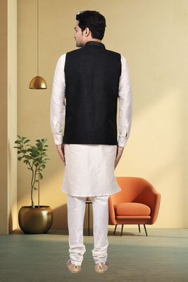 Black jacket off white kurta churidar for men's 3