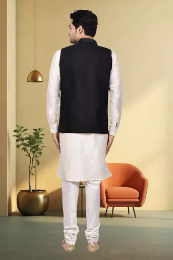 Black jacket off white kurta churidar for men's