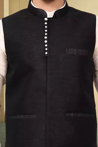 Black jacket off white kurta churidar for men's