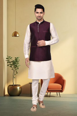 Wine art silk off white kurta churidar for men's 1