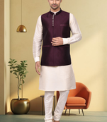 Wine art silk off white kurta churidar for men's