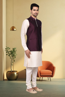 Wine art silk off white kurta churidar for men's 2