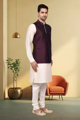 Wine art silk off white kurta churidar for men's