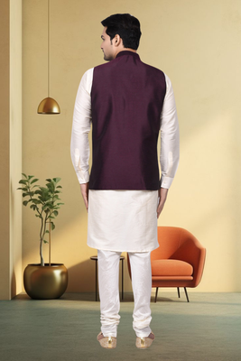 Wine art silk off white kurta churidar for men's 3