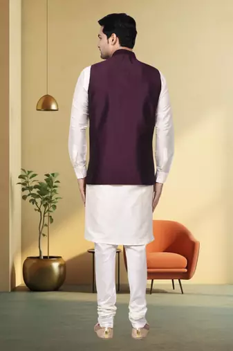 Wine art silk off white kurta churidar for men's