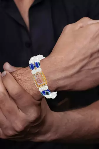 White crystal evil eye guruji pictoral bracelet