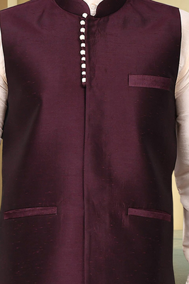 Wine art silk off white kurta churidar for men's 4