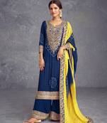 Blue Embroidered Chinon Silk Free Size Punjabi Salwar Suit