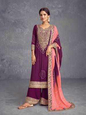 Purple Embroidered Chinon Silk Free Size Punjabi Salwar Suit 1