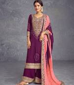Purple Embroidered Chinon Silk Free Size Punjabi Salwar Suit