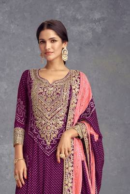 Purple Embroidered Chinon Silk Free Size Punjabi Salwar Suit 2