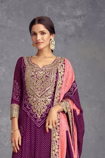 Purple Embroidered Chinon Silk Free Size Punjabi Salwar Suit