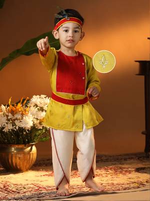  infant boys yellow and cream silk blend kurta and dhoti set 1