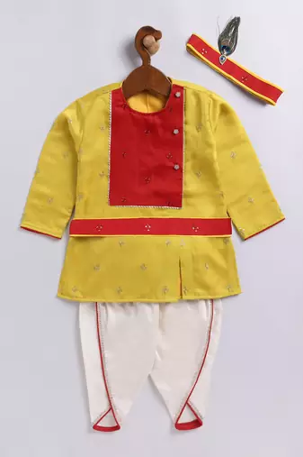  infant boys yellow and cream silk blend kurta and dhoti set