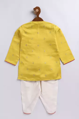  infant boys yellow and cream silk blend kurta and dhoti set