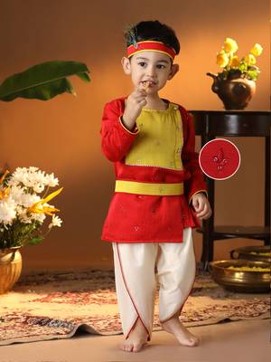  infant boys red and cream silk blend kurta and dhoti set 1