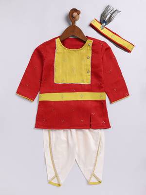  infant boys red and cream silk blend kurta and dhoti set 2