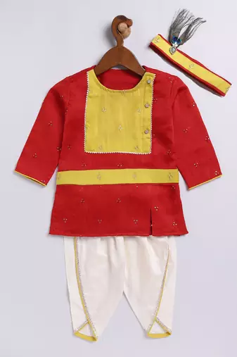  infant boys red and cream silk blend kurta and dhoti set