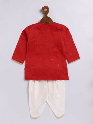  infant boys red and cream silk blend kurta and dhoti set 3
