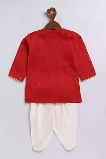  infant boys red and cream silk blend kurta and dhoti set