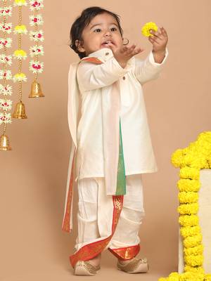  infant  cream cotton blend kurta dhoti and dupatta 2