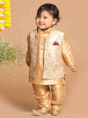  infant  rose gold silk blend jacket, kurta and pyjama set 1