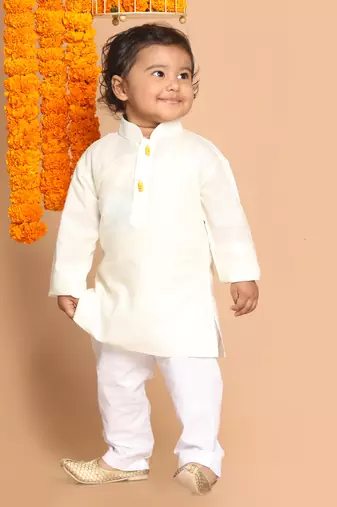  infant  cream and white cotton blend kurta pyjama set