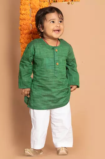  infant boys green pure cotton kurta pyjama set