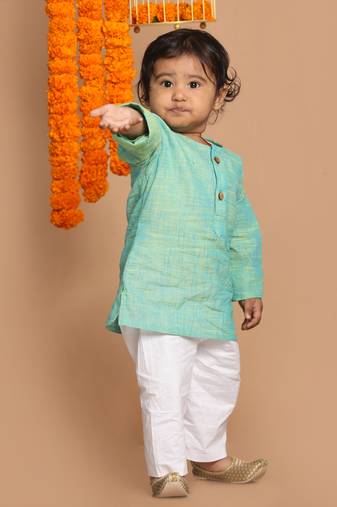  infant boys parrot green pure cotton kurta pyjama set