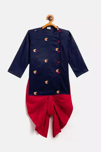 Vastramay infant boys green and red cotton blend kurta and dhoti set