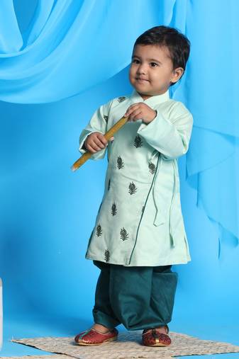 infant boys green viscose kurta and dhoti set