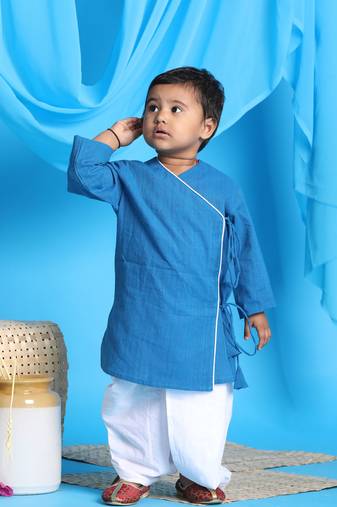  infant boys blue and white pure cotton kurta and dhoti set