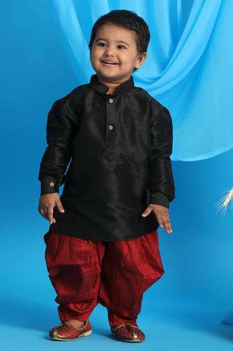  infant boys blue and maroon silk blend kurta and dhoti set