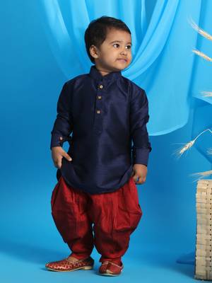  infant  navy blue and maroon silk blend kurta and dhoti set 1