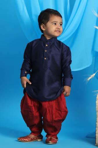  infant boys navy blue and maroon silk blend kurta and dhoti set