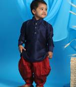  infant  navy blue and maroon silk blend kurta and dhoti set