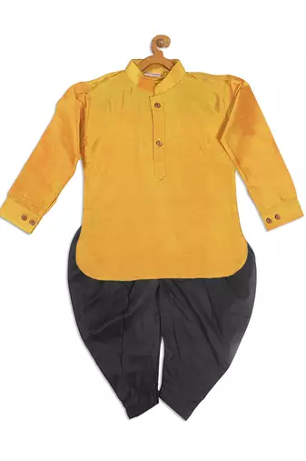  infant  mustard and black silk blend kurta and dhoti set