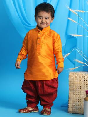  infant  orange and maroon silk blend kurta and dhoti set 1