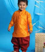  infant  orange and maroon silk blend kurta and dhoti set