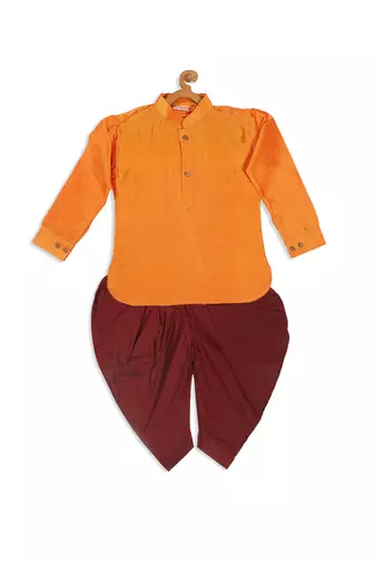  infant  orange and maroon silk blend kurta and dhoti set