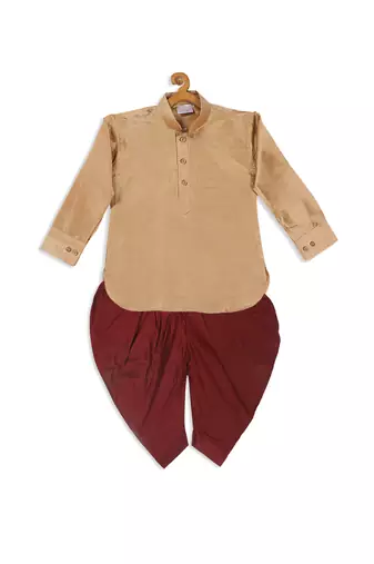  infant  rose gold and maroon silk blend kurta and dhoti set