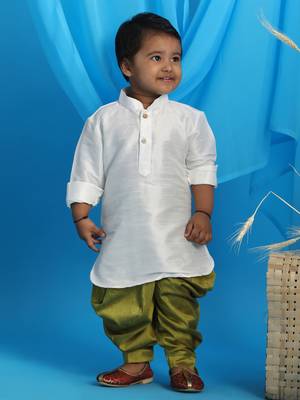  infant  white and chutney green silk blend kurta and dhoti set 1