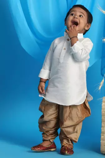  infant  white and rose gold silk blend kurta and dhoti set