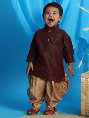  infant  wine and rose gold cotton silk blend kurta and dhoti set 1