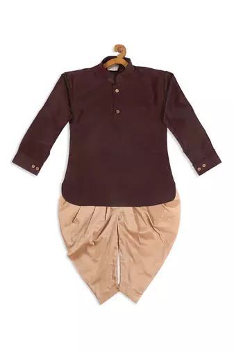  infant  wine and rose gold cotton silk blend kurta and dhoti set