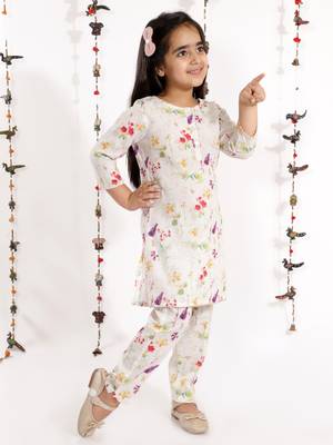  girls' printed floral linen kurta and straight pant set 1