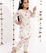 girls' printed floral linen kurta and straight pant set