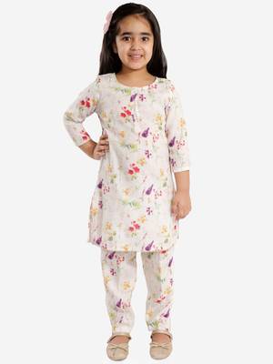  girls' printed floral linen kurta and straight pant set 2