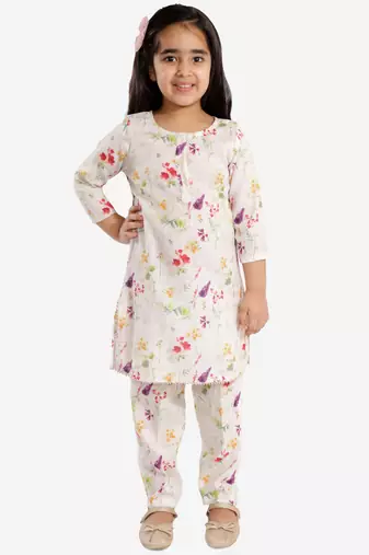  girls' printed floral linen kurta and straight pant set