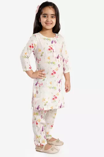  girls' printed floral linen kurta and straight pant set